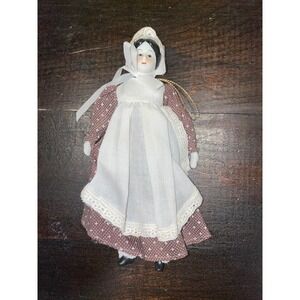 Vintage Porcelain Doll Ornament Victorian Style Brown‎ Dress Lace Trim